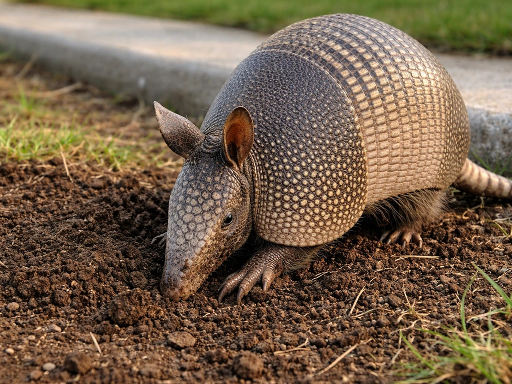 Nine-banded armadillo rooting in soil at the edge of a yard, hunting invertebrates.