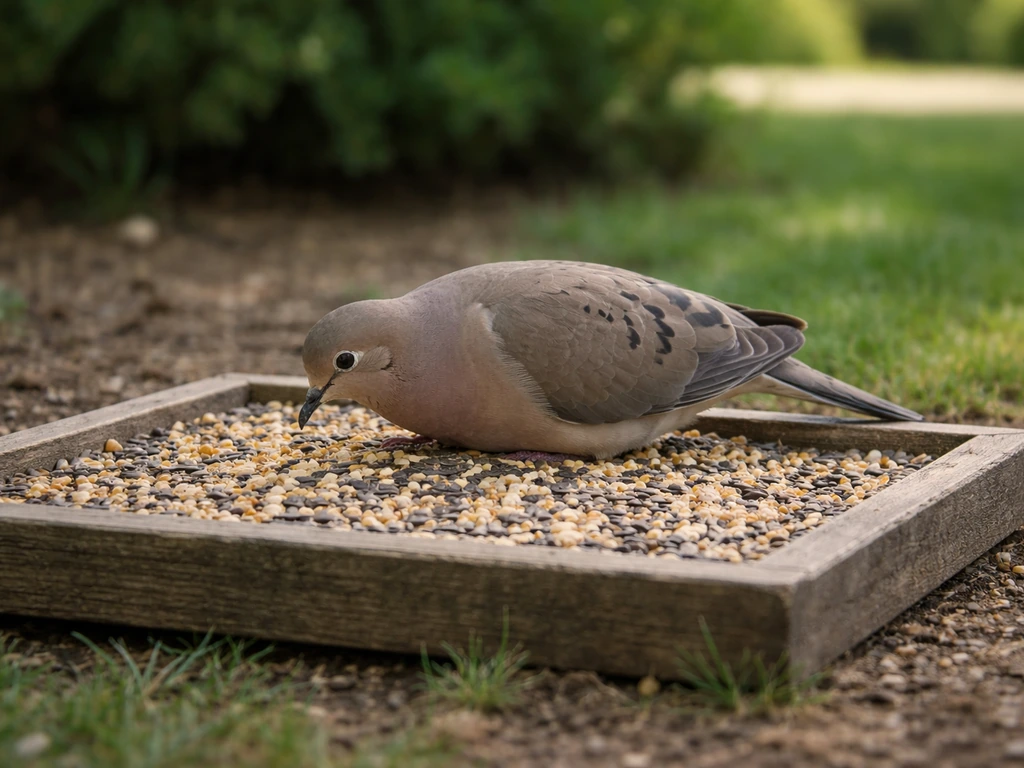 Mourning dove foraging at a low ground-level bird feeder with visible seeds