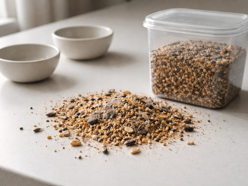 Bird seed on a counter with a few visible larvae and webbing next to a sealed container.
