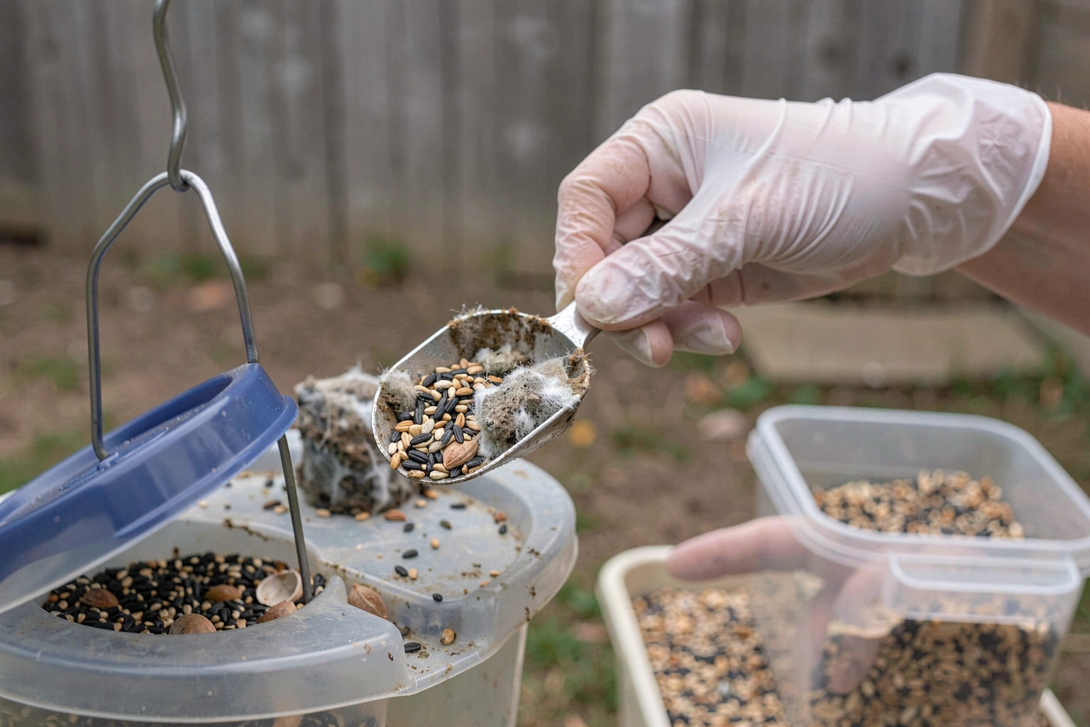Backyard bird feeder tray with visibly clumped moldy seed and sealed clean seed containers nearby.
