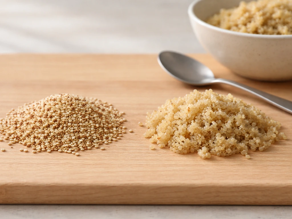 Close-up of rinsed raw quinoa beside fluffy cooked quinoa on a wooden board.