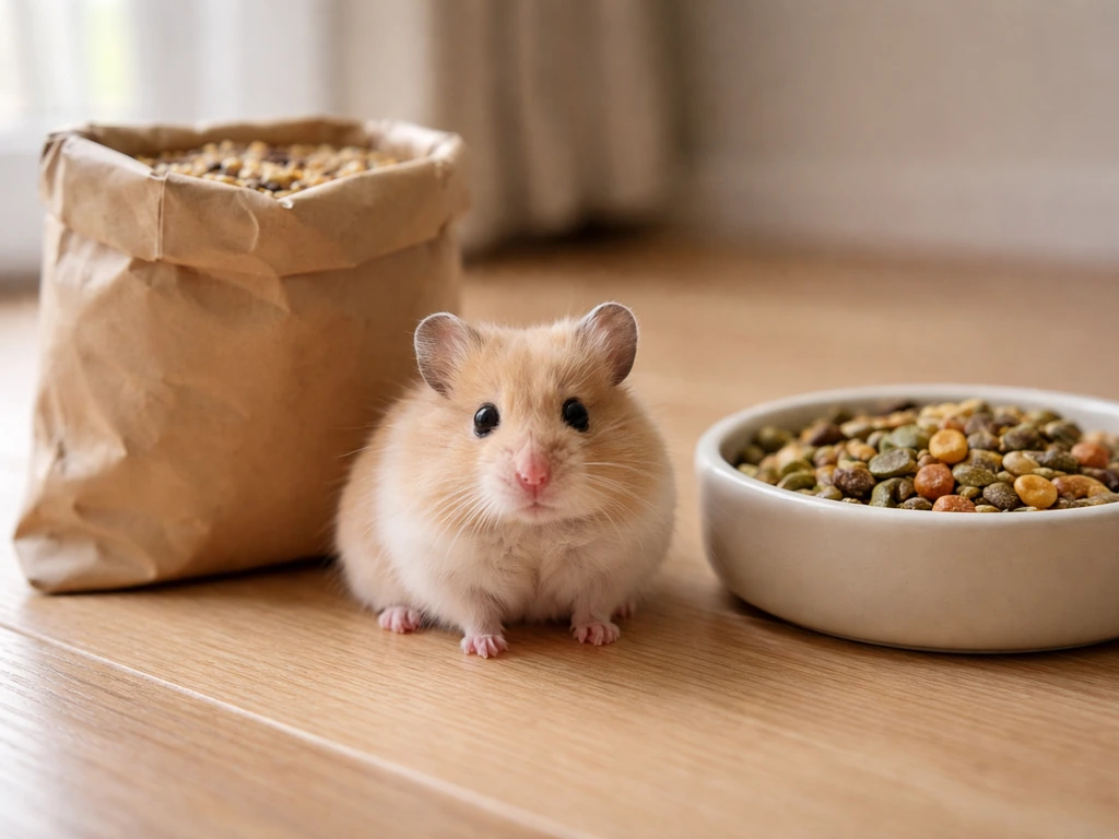 Hamster beside a plain bird seed bag and a bowl of hamster food pellets.