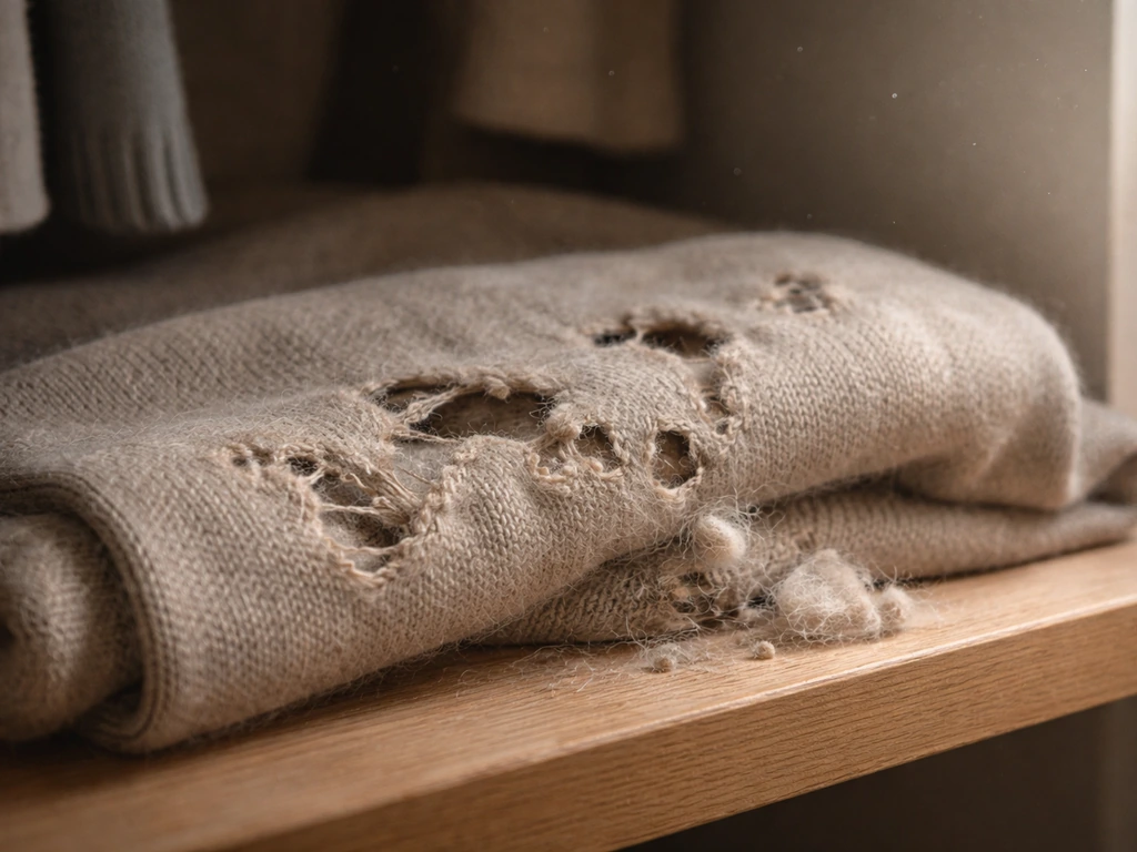 Close-up of wool fabric with irregular holes and small silken tubes/webbing from clothes moths.