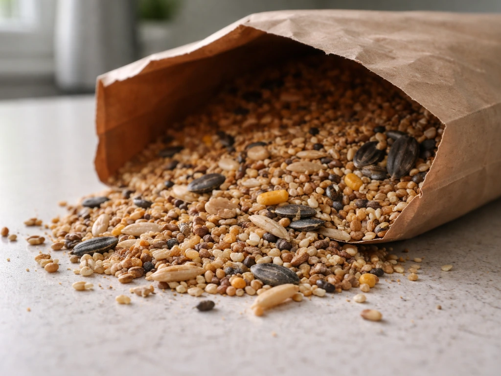 Close-up of an opened bird seed bag with small bugs visible on grains, suggesting contamination.