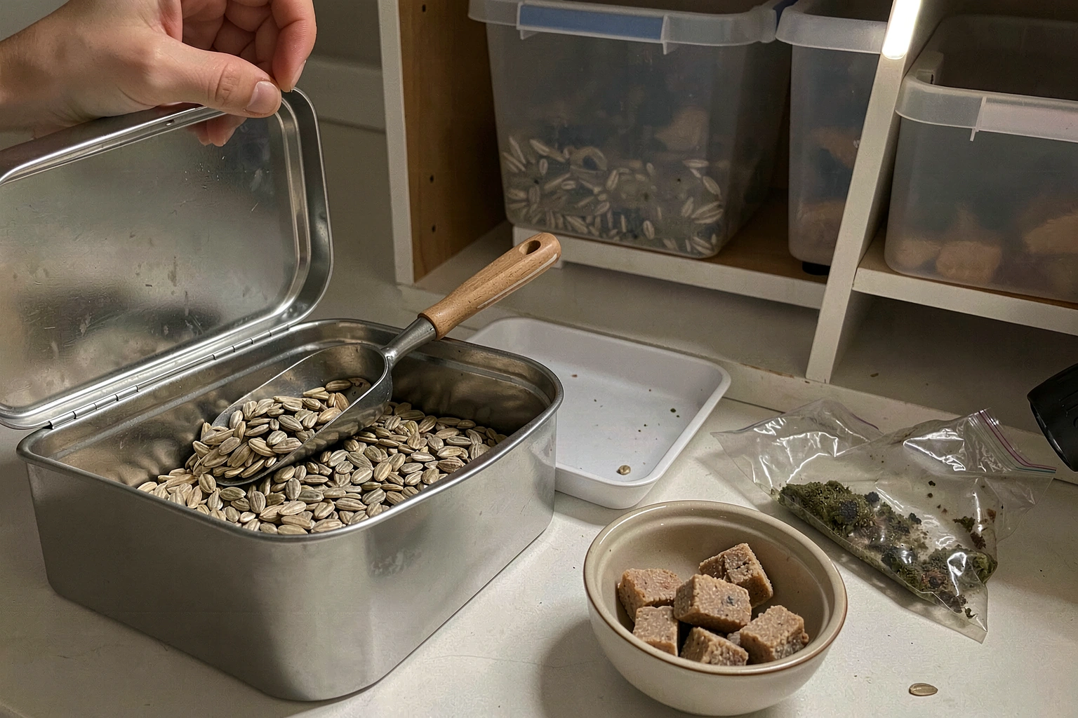 Bird food safely stored and inspected to prevent spoilage and keep birds healthy.