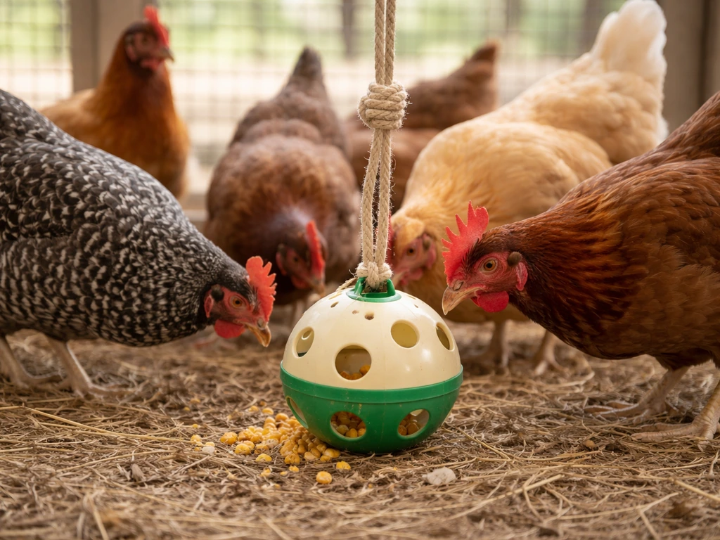 Chickens in a coop foraging and pecking a hanging bird toy enrichment item safely