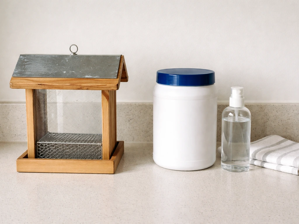 Clean bird feeder ready for refilling beside a sealed deterrent container and bleach bottle.