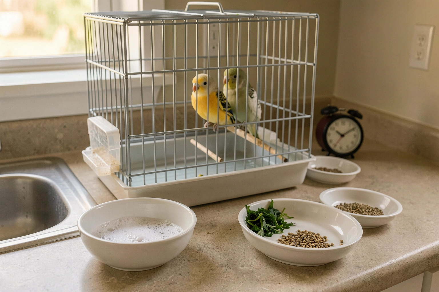 Bird cage with fresh produce and clean food dishes removed on a timed schedule